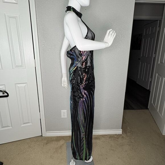 Fashion Nova Maxi Gown Rare Find Sequin Mesh Glam Mermaid Deco Siren Size L - Picture 5 of 9